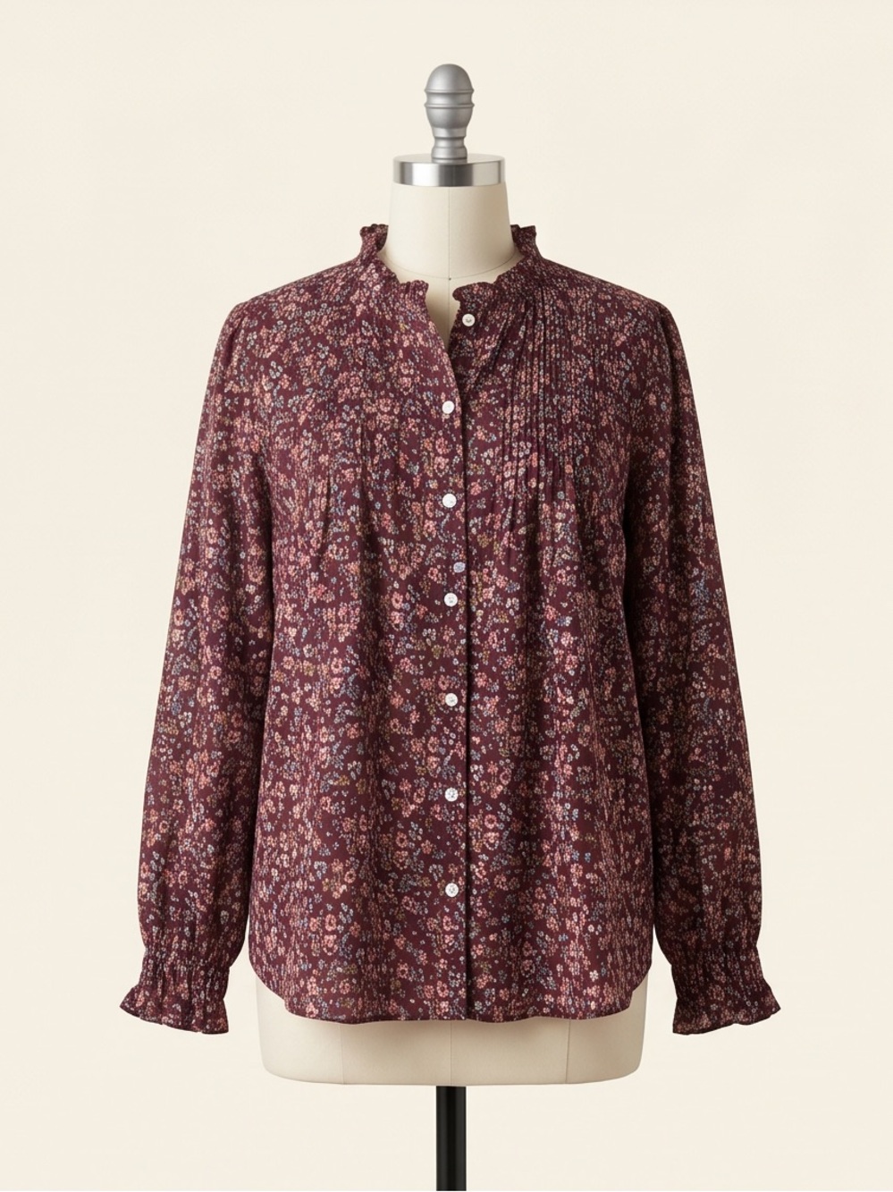 LOFT Wine Floral Pintuck Button Blouse